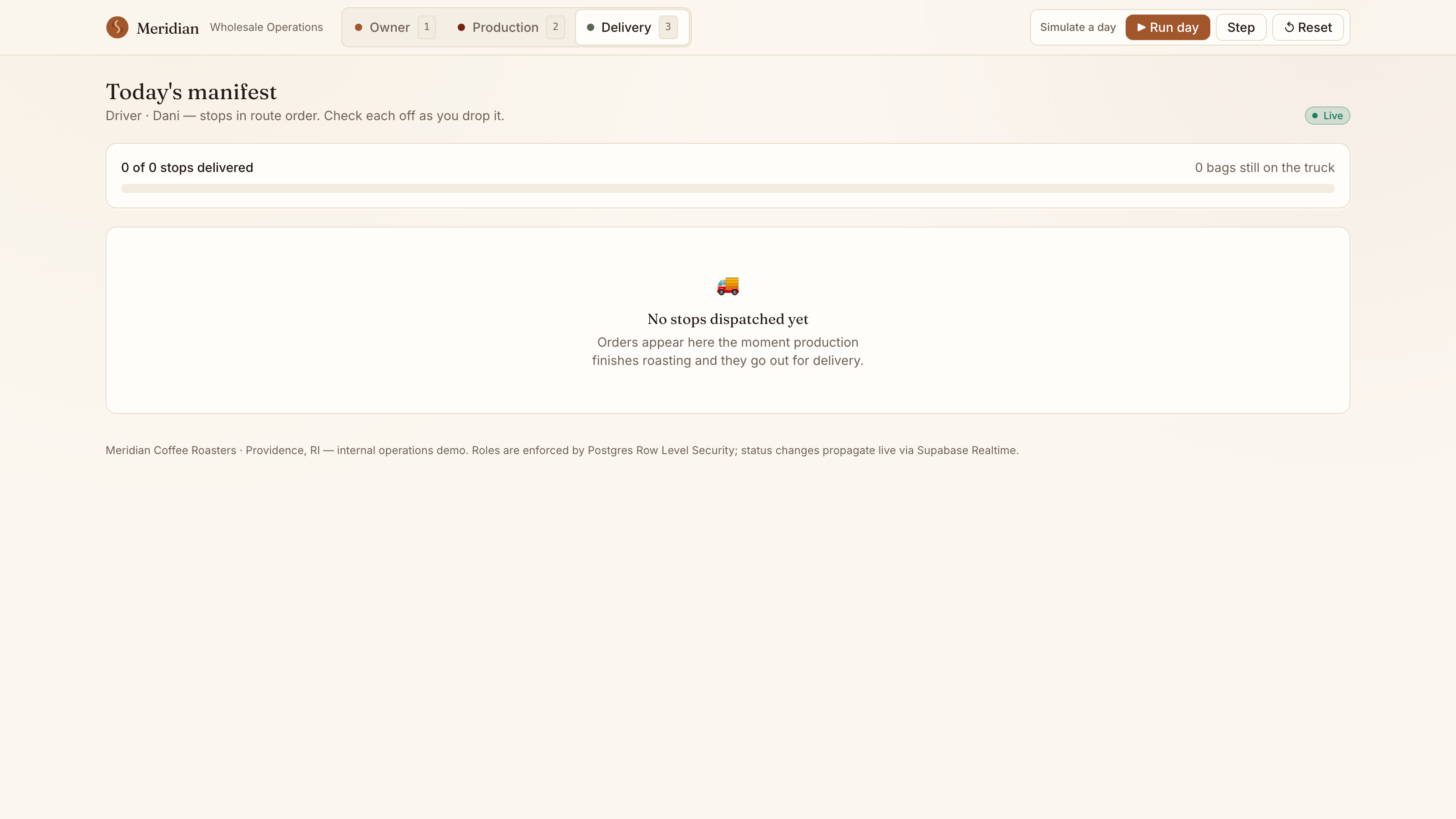 Meridian Delivery view — today's route-ordered delivery manifest as a checklist