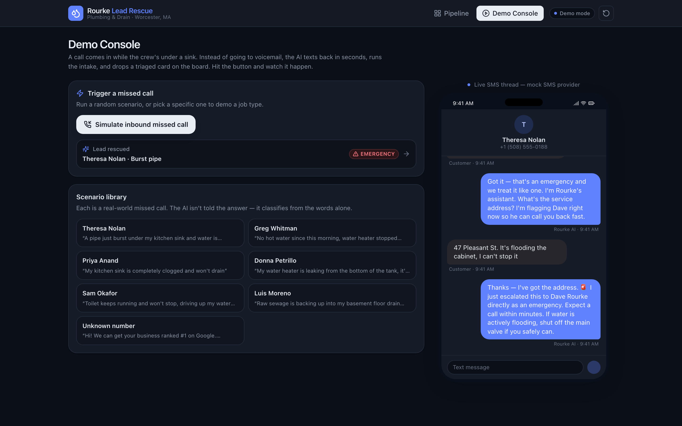 The demo console's phone simulator mid-conversation, dark mode