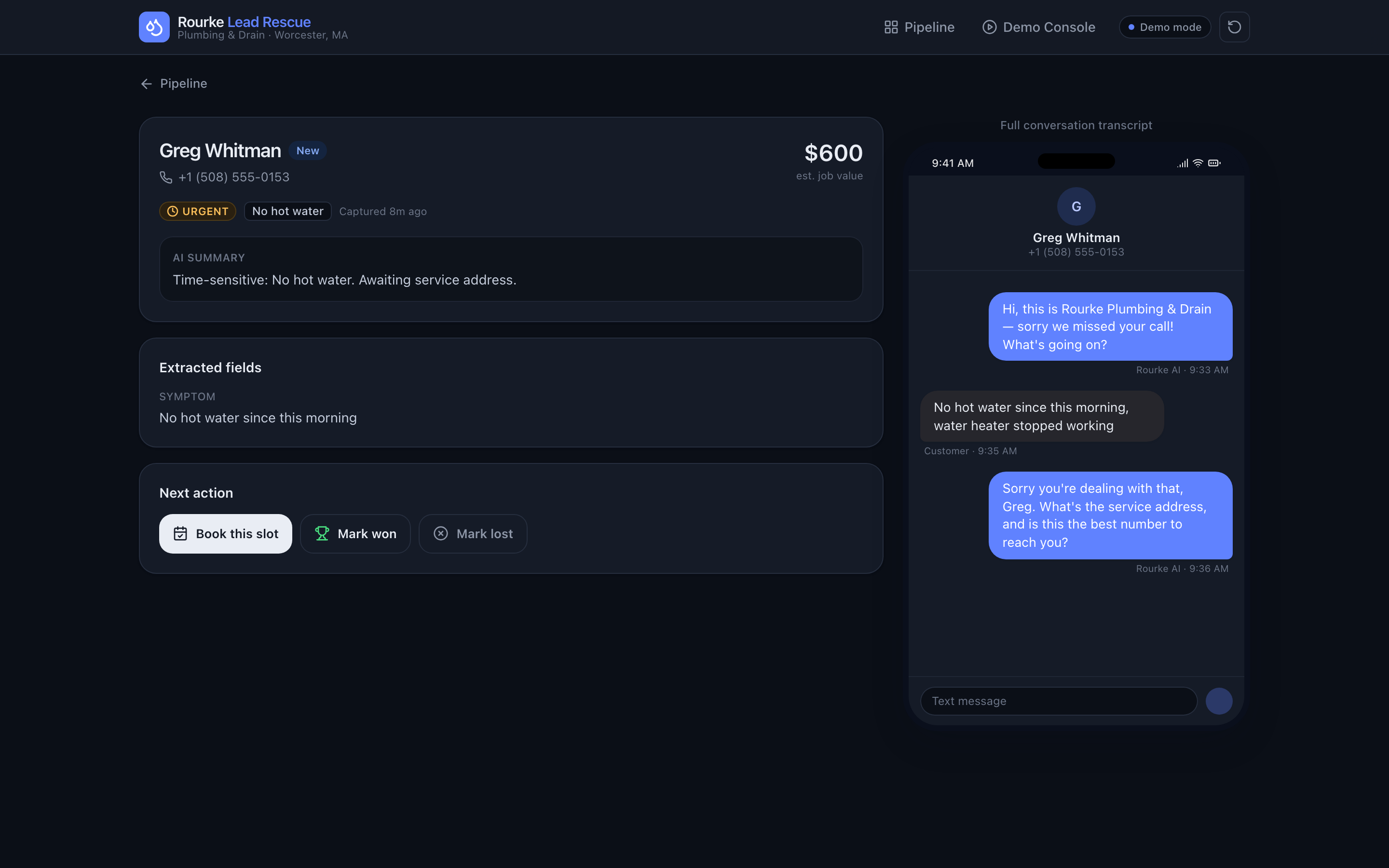Lead detail with transcript, extracted fields, and actions, dark mode